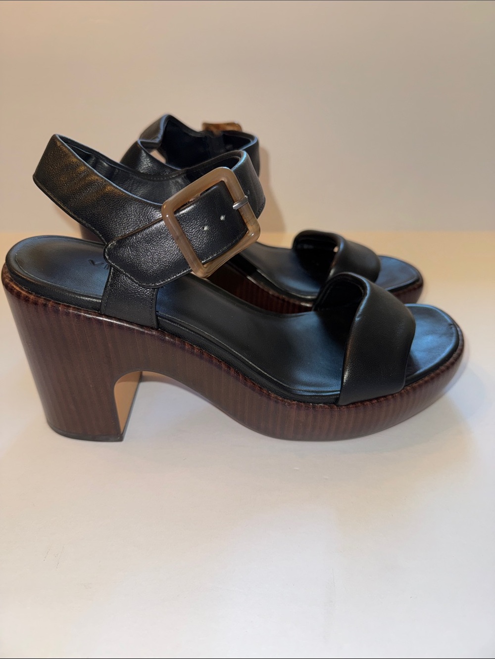 Vince Black Leather Platform Ankle-Strap Sandals with Wood-Effect Heel